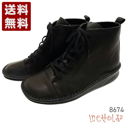 【インコルジェ 8674 ブラック】靴紐ショートブーツ